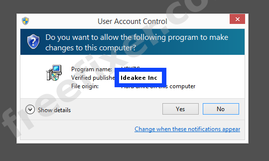 Screenshot where Ideakee Inc appears as the verified publisher in the UAC dialog